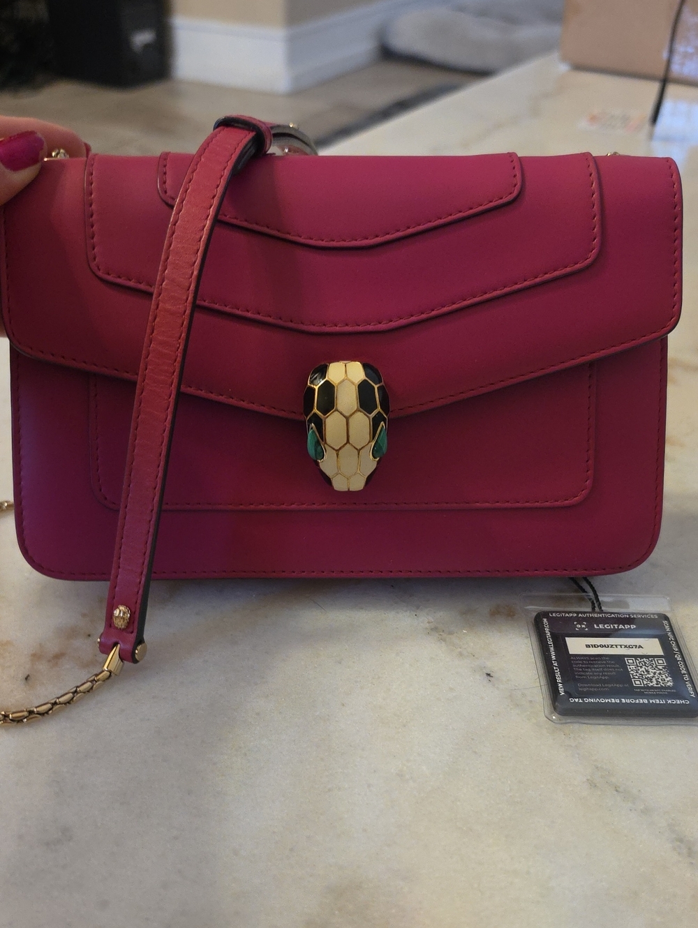 Bvlgari Fuchsia Calfskin Leather Crossbody with Gold Chain Trim In EUC And COI